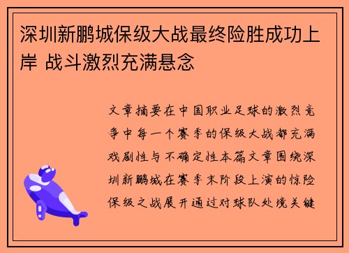 深圳新鹏城保级大战最终险胜成功上岸 战斗激烈充满悬念
