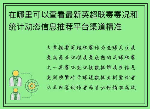 在哪里可以查看最新英超联赛赛况和统计动态信息推荐平台渠道精准 在哪里可以查看最新英超联赛赛况和统计动态信息推荐平台渠道精准
